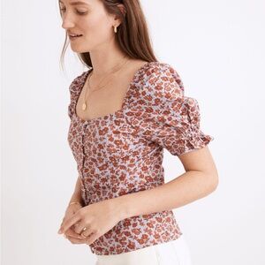 Madewell Kallie Button Front Smocked Top Size 6 S Puff Blue Orange